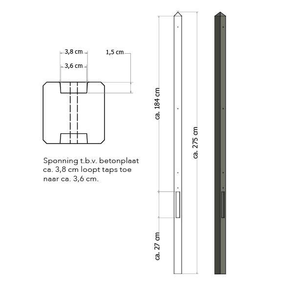 Lichtgewicht Betonpaal Antraciet Tussenpaal 275cm