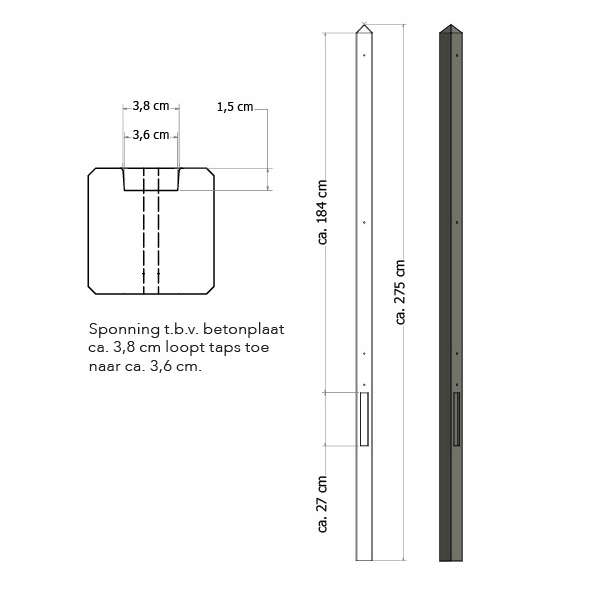 Lichtgewicht Betonpaal Grijs eindpaal 275cm